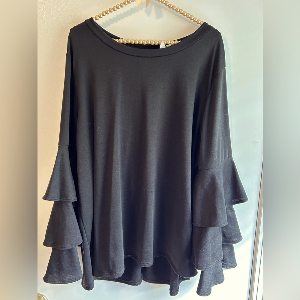 NY Collection Black Ruffle Sleeve French Terry Top 2x NWT